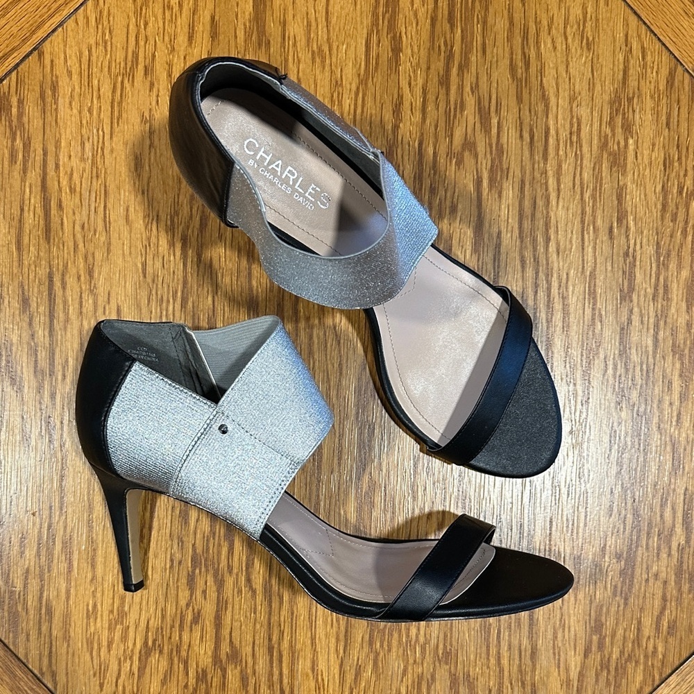 *CHARLES DAVID* Black x Silver Ankle-Strap Strappy Heels Size 11